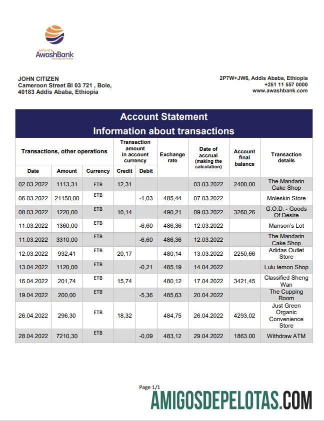 Exemplo de extrato bancário Awash da Etiópia